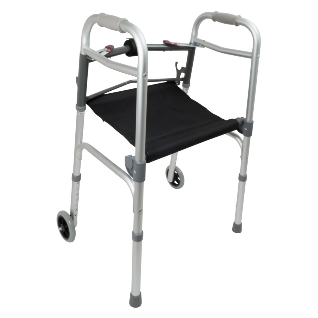 The ProBasics Two-Button Folding Walker with Wheels & Roll-Up Seat features a lightweight aluminum frame, two front wheels, adjustable legs, and a black roll-up seat for mobility assistance.